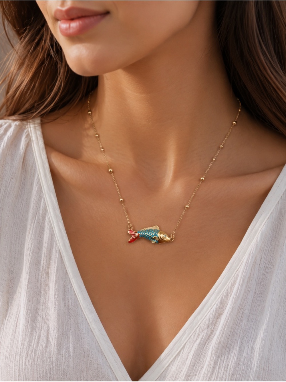 Gold Fish Pendant Necklace with Blue and Red Enamel - Picture 3 of 3